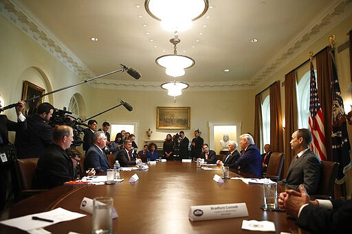 President Donald Trump speaks during a meeting with supply chain distributors in the Cabinet Room of the White House, Sunday, March 29, 2020, in Washington. (AP Photo/Patrick Semansky)