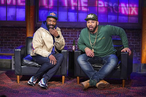 This image released by Showtime shows Desus Nice, left, and The Kid Mero from the late-night show &quot;Desus &amp; Mero.&quot; The pair are back at 11 p.m. EDT on Mondays and Thursdays, will host the show from their homes. (Greg Endries/Showime via AP)