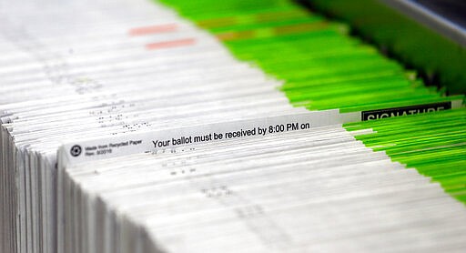 FILE - In this Nov. 8, 2016, file photo, ballots are processed at Multnomah County election headquarters in Portland, Ore. The coronavirus has knocked presidential primaries back several weeks as officials worry about voters crowding into polling places. If the disease remains a hazard in November, Democrats say there's only one solution to preserve the November election, national voting by mail. (AP Photo/Don Ryan, File)