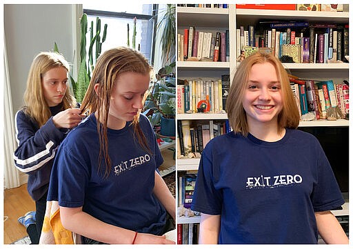 This combination of photos taken March 21, 2020 and provided by Kate Hinds shows Fiona Hinds, 20, giving her sister, Sophie, 18, a haircut in New York, left, and Sophie Hinds posing with her new haircut. As the spread of the coronavirus sends more people into isolation around the world, trips to beloved salons and barber shops for morale-boosting services are a thing of the past. Some are brazenly cutting their own bangs or cutting their hair of loved ones for the first time. (Kate Hinds via AP)