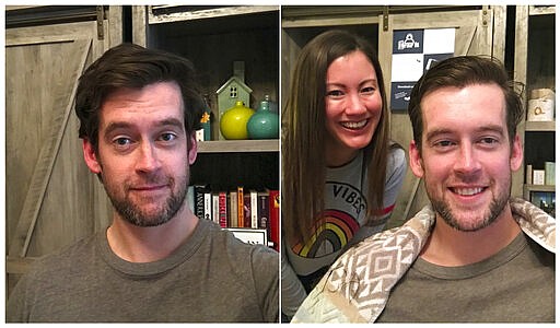 This combination of photos provided by Brian Coughlin shows Coughlin before receiving a haircut, left, and a photo of Coughlin and his wife Ashley after she gave him a haircut in Evanston, Ill.  He usually heads to the barber every eight to 10 weeks. He was about a month overdue when he asked his wife to give it a try with the clippers as they shelter at home. The two are among an outpouring of people documenting their hair challenges on social media. (Brian Coughlin via AP)