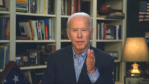 In this image from video provided by the Biden for President campaign, Democratic presidential candidate former Vice President Joe Biden speaks during a virtual press briefing Wednesday, March 25, 2020. (Biden for President via AP)