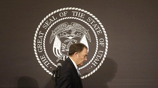 Utah Gov. Gary Herbert walks off after his COVID-19 pandemic press conference at the Utah State Capitol Tuesday, March 31, 2020, in Salt Lake City. (AP Photo/Rick Bowmer)