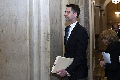 Sen. Tom Cotton, R-Ark., departs Capitol Hill, Monday, Feb. 3, 2020 in Washington. (AP Photo/Alex Brandon)