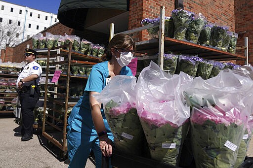 Abbott Northwestern Hospital used carts to deliver some of the 1,500 flowering spring plants donated by Bachman's Floral, Home &amp; Garden in appreciation of the efforts of health care workers responding to the Coronavirus pandemic Tuesday, March 31, 2020 in Minneapolis. (Anthony Souffle/Star Tribune via AP)