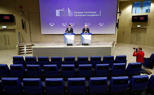 European High Representative for Foreign Affairs and Security Policy and Vice-President of the European Commission Josep Borrell, holds a virtual news conference on the approval of Operation Irini, at the European Commission in Brussels, Tuesday, March 31, 2020. The European Union announced has the launch of a new naval mission in the Mediterranean Sea aimed at enforcing the U.N arms embargo on Libya, after Italy blocked a previous operation claiming that the warships attracted migrants. (Francois Lenoir, Pool Photo via AP)