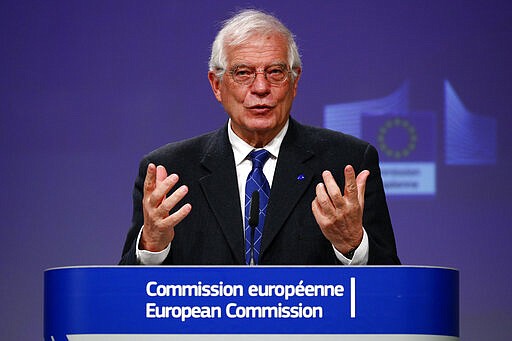 European High Representative for Foreign Affairs and Security Policy and Vice-President of the European Commission Josep Borrell, holds a virtual news conference on the approval of Operation Irini, at the European Commission in Brussels, Tuesday, March 31, 2020. The European Union announced has the launch of a new naval mission in the Mediterranean Sea aimed at enforcing the U.N arms embargo on Libya, after Italy blocked a previous operation claiming that the warships attracted migrants. (Francois Lenoir, Pool Photo via AP)