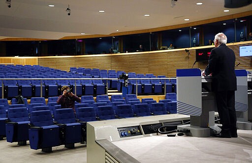 European High Representative for Foreign Affairs and Security Policy and Vice-President of the European Commission Josep Borrell, holds a virtual news conference on the approval of Operation Irini, at the European Commission in Brussels, Tuesday, March 31, 2020. The European Union announced has the launch of a new naval mission in the Mediterranean Sea aimed at enforcing the U.N arms embargo on Libya, after Italy blocked a previous operation claiming that the warships attracted migrants. (Francois Lenoir, Pool Photo via AP)