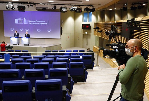 European High Representative for Foreign Affairs and Security Policy and Vice-President of the European Commission Josep Borrell, holds a virtual news conference on the approval of Operation Irini, at the European Commission in Brussels, Tuesday, March 31, 2020. The European Union announced has the launch of a new naval mission in the Mediterranean Sea aimed at enforcing the U.N arms embargo on Libya, after Italy blocked a previous operation claiming that the warships attracted migrants. (Francois Lenoir, Pool Photo via AP)