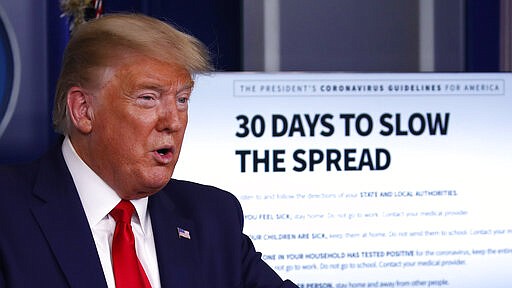 President Donald Trump speaks about the coronavirus in the James Brady Press Briefing Room of the White House, Tuesday, March 31, 2020, in Washington. (AP Photo/Alex Brandon)