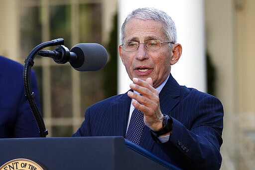 Dr. Anthony Fauci, director of the National Institute of Allergy and Infectious Diseases, speaks about the coronavirus in the Rose Garden of the White House, Monday, March 30, 2020, in Washington. (AP Photo/Alex Brandon)