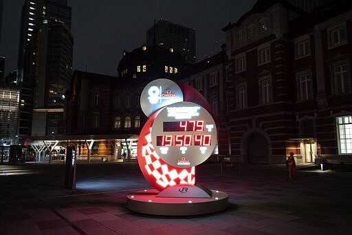 A countdown clock displays the remaining days until the new start date for the Tokyo 2020 Olympics Tuesday, March 31, 2020, in Tokyo. The Tokyo Olympics will open next year in the same time slot scheduled for this year's games. Tokyo organizers said Monday the opening ceremony will take place on July 23, 2021.(AP Photo/Jae C. Hong)