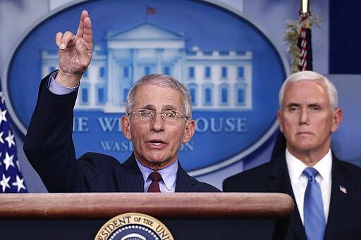 Dr. Anthony Fauci, director of the National Institute of Allergy and Infectious Diseases, speaks about the coronavirus in the James Brady Press Briefing Room of the White House, Tuesday, March 31, 2020, in Washington, as Vice President Mike Pence listens. (AP Photo/Alex Brandon)