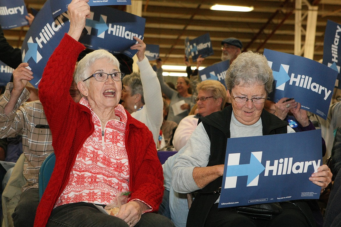 &#151;Photo by JIM McKIERNAN
Janae Dale and Gale Swan, both of Sandpoint, share their enthusiasm for Hillary Clinton as Tuesday&#146;s local Democratic Party caucus at the Bonner County Fairgrounds. Between 1,200 to 1,500 people turned out to participate in the event.