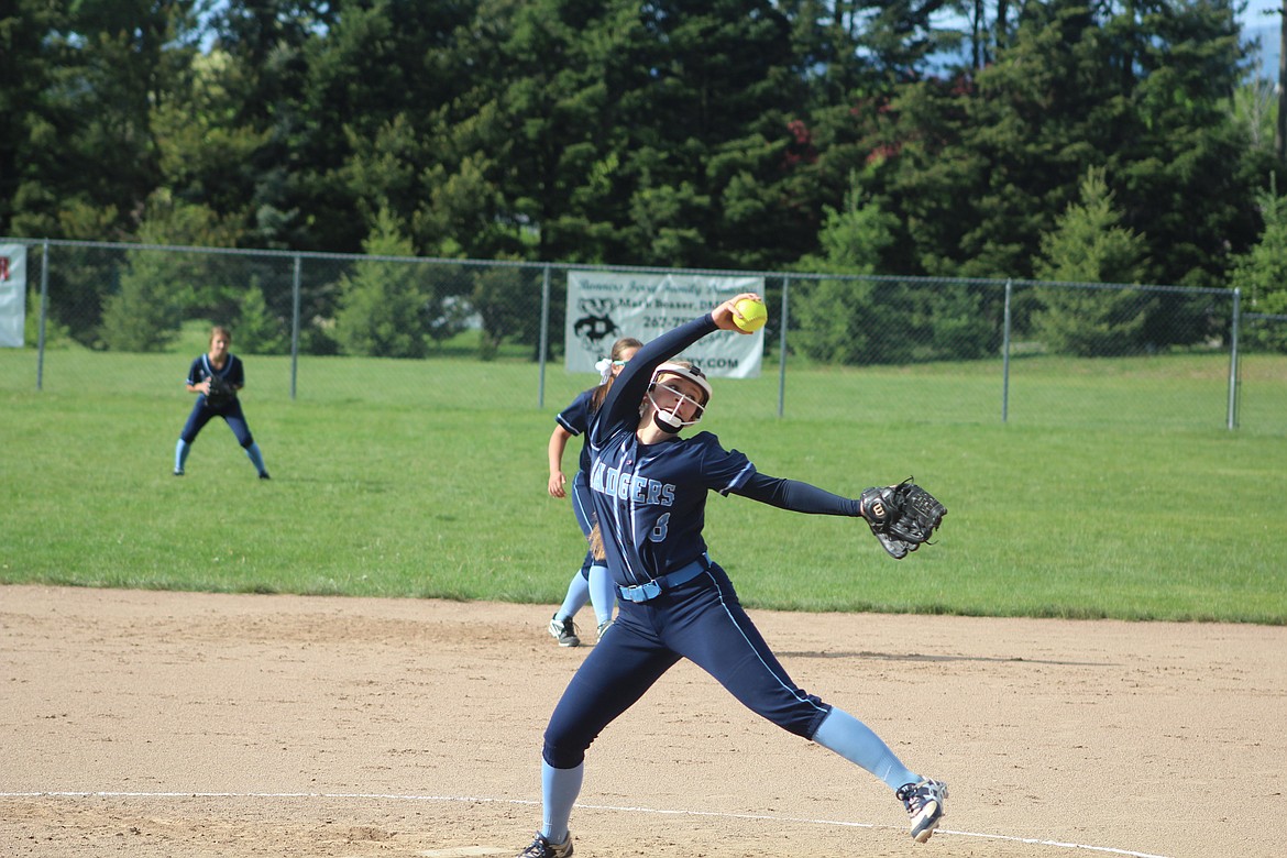 Photo by DON COGGER
Lady Badgers ace Kadi Bateman pitches against Timberlake Tuesday. The Tigers won the game in extra innings 5-4, forcing Bonners Ferry to play Priest River on Wednesday.