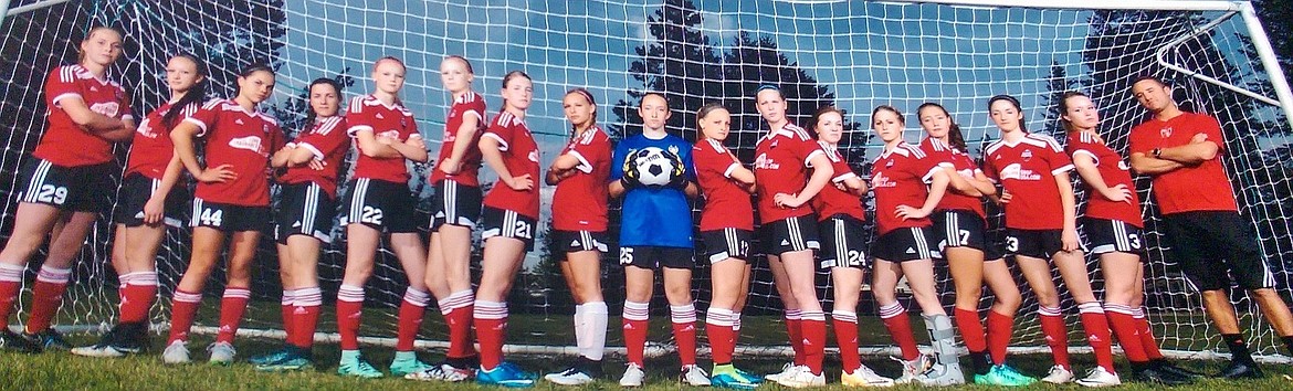 &#151;Courtesy photo
Pictured from left to right are Strikers U18 girls Mya Darling, Rachel Meyer, Hadley Marshall, Jezza Hutto, Casey Shaha, Claire Shaha, Taylor Ward, Nan Kiebert, Bella Hauck, Riley Walkington, Sterling Healy, Riley Couch, Ashly Busch, Ali Fredericks, Abby Kassa, Olivia Moore and coach Travis Smith. The team had a great season this spring, finishing 13-2-1 while scoring 77 goals and allowing only 22. They won the Puget Sound Premier League with a 7-0-1 record, scoring 55 goals during league and allowing only 10. They placed second at Hot Shots, losing 1-0 to the Missoula Strikers after beating the Idaho Rush U17 4-1, the Idaho Torrent 4-1, and the Idaho Rush U18 5-4 in a PK shootout. At the season-ending Three Blind Refs tournament in Kalispell, they lost 2-0 to Polson, then rebounded and beat Columbia Valley 4-2, The Academy 3-1 and Kalispell 6-4 to take second place.