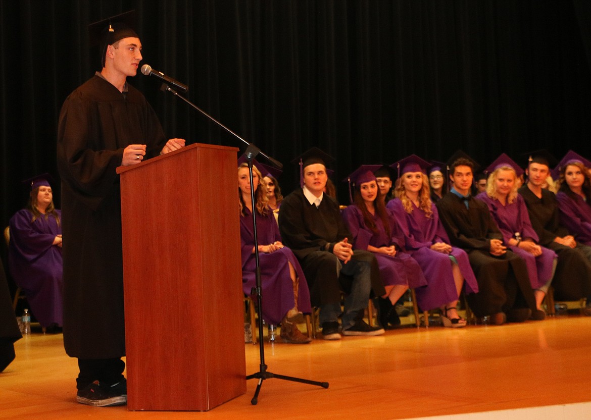 -- Photo by LYNNE HALEY

Senior speaker Cody Higgins addresses the class of 2016 at Lake Pend Oreille High School graduation.