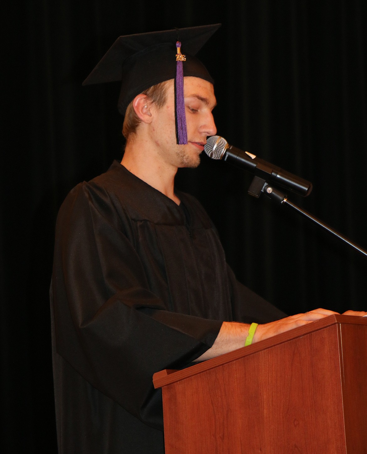 -- Photo by LYNNE HALEY

Quentin Standish, spoke to his classmates at the LPOHS graduation Thursday night.