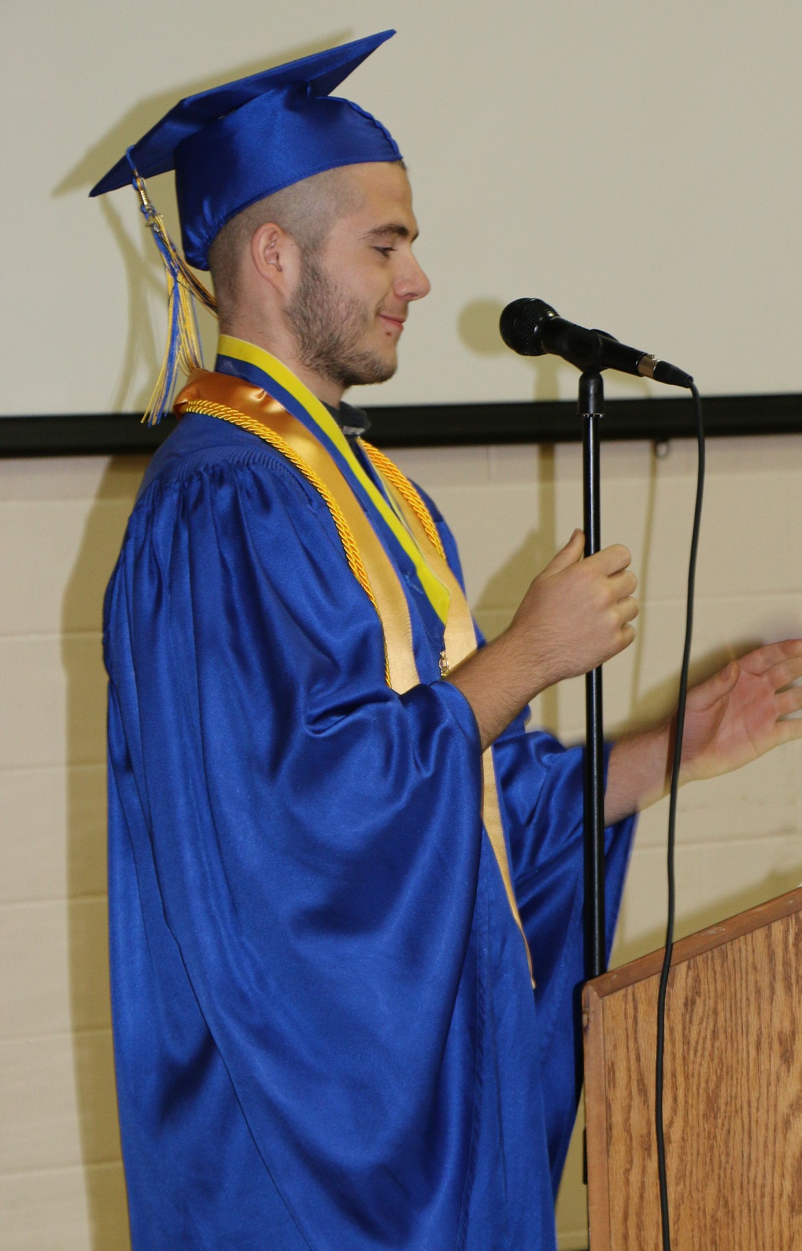 -- Photo by LYNNE HALEY

Co-valedictorian Derek Lowry speaks to his classmates on graduation night at Clark Fork High School.