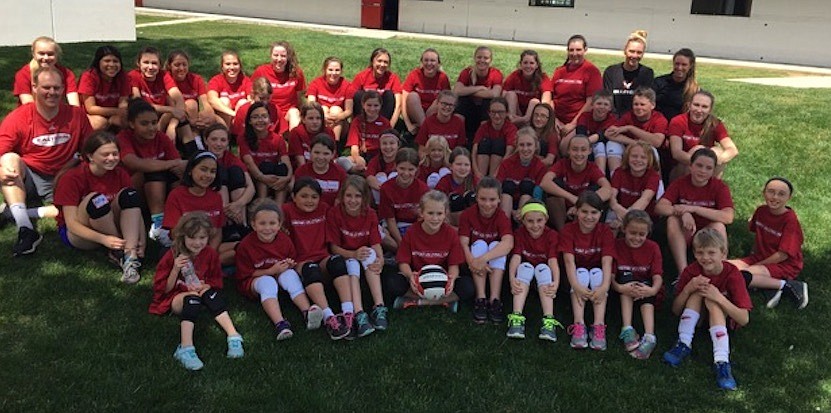 &#151;Courtesy photo
A total of 36 kids from 6-12 years-old took part in the Sandpoint Volleyball Camp this week at SHS. Combined with the older kids camp, nearly 80 area players got to learn the finer points of the sport from college coaches representing Big Sky schools University of Idaho, Montana and Eastern Washington. &#147;I love listening to the college coaches,&#148; admitted Bulldog head coach Erin Roos, a former starting setter for the University of Michigan who was running the camp. &#147;I learn a lot, and they bring some fun drills.&#148; The coaches were no doubt taking a close look at some of the Sandpoint varsity players, as well, as the Bulldogs have put a handful of volleyball players into the Big Sky over the years, including sisters Koko (Montana), Jennie (Idaho State) and Kelsey (Idaho) James.