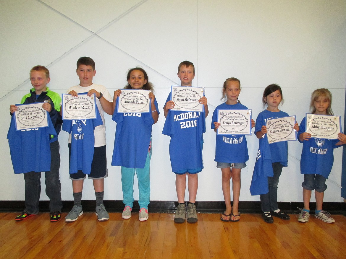 Courtesy photo
Mt. Hall Elementary teachers had a difficult time choosing just one representative from each class.  The following students have been honored as Mt. Hall Elementary&#146;s Wildcat of the Year: Left to Right: Eli Leyden, Blake Rice, Amanda Patzer, Wyatt McDonald, Sonya Bontrager, Charlotte Riverman, Abby Huggins.