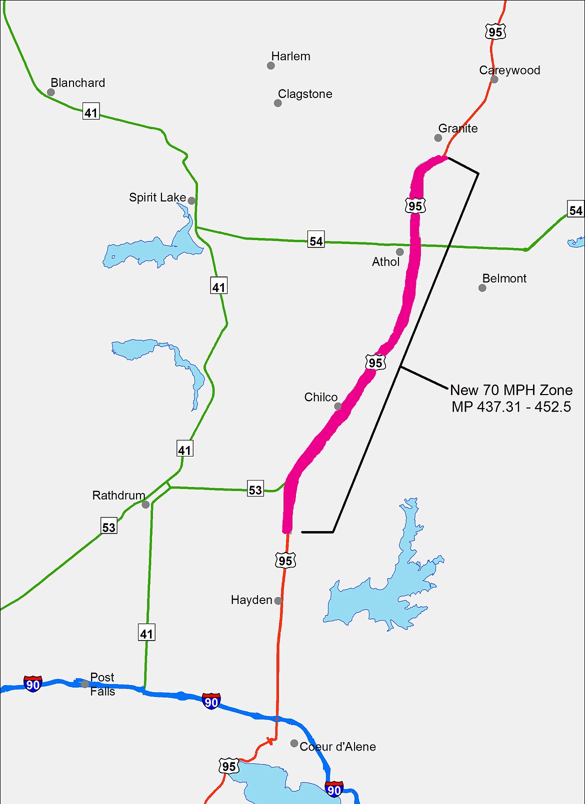 Map courtesy of Idaho Transportation Department
The speed limit for this 15-mile stretch of U.S. 95 north of Hayden will increase from 65 mph to 70 mph on Monday.