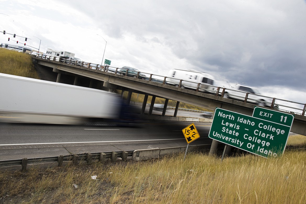 LOREN BENOIT/Press

A semi travels west on Interstate 90 under the U.S. 95 bridge on Wednesday. The freeway under bridges in Coeur d'Alene will be lowered about 2 feet as part of a project to rebuild the freeway in the city over the next two years. The $20 million project will include Sherman Avenue to 9th Street in 2017 and 9th Street to Northwest Boulevard in 2018.