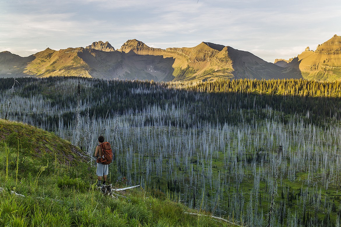 A hiker overlooks the Continental Divide in Glacier National Park.