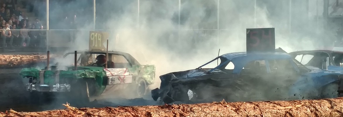 &#151;Photo by STACIE SHORT
Boundary County Fairgrounds was smokin&#146; Saturday evening as Smash &amp; Bash 2016, an annual demolition derby sponsored by Woody&#146;s Gun &amp; Pawn, provided some autumn entertainment for area enthusiasts.