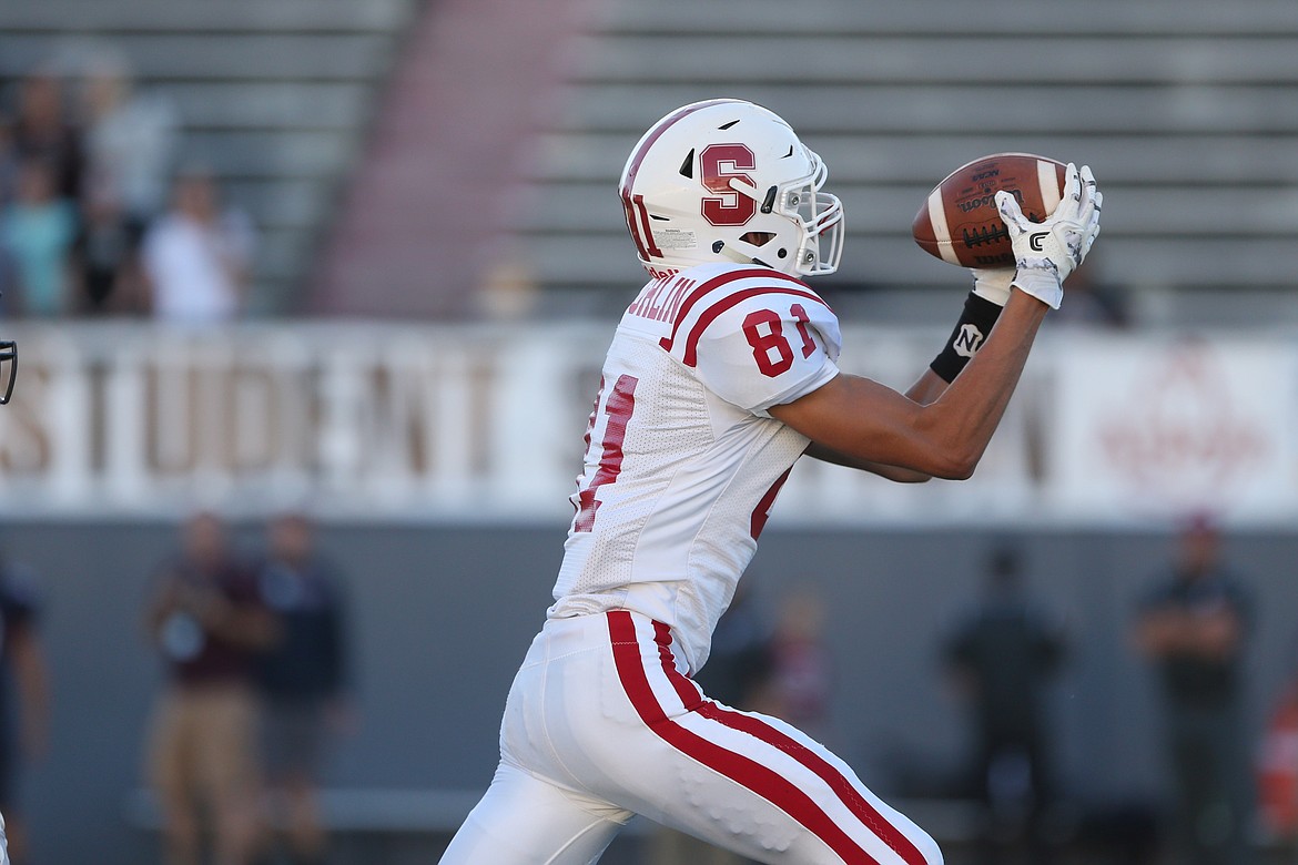 &#151;Photo by JASON DUCHOW PHOTOGRAPHY
Taran McLaughlin hauls in one of his three catches on the night, tallying 80 yards. The 6-6 target continues to emerge in the passing game.