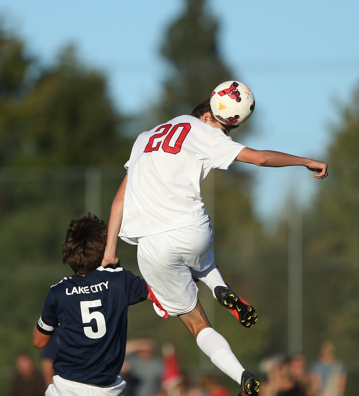 &#151;Photo by JASON DUCHOW PHOTOGRAPHY
Sandpoint defender Cole Baillie skies high for a header in the Bulldogs&#146; win on Monday at Pine St. Field.