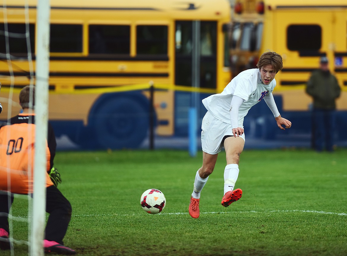 Jon Sigurdsson watches as a shot on goal heads toward the back of the net for his second goal of the game.