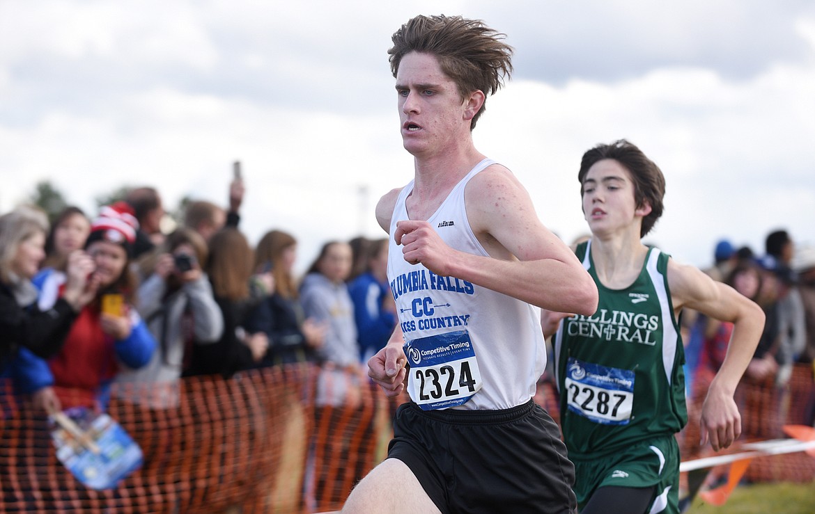 Columbia Falls senior Sage Wanner sprints to the finish line at the Montana Cross Country Championship at Rebecca Farm on Saturday. Wanner finished 10th. (Aaric Bryan/Daily Inter Lake)