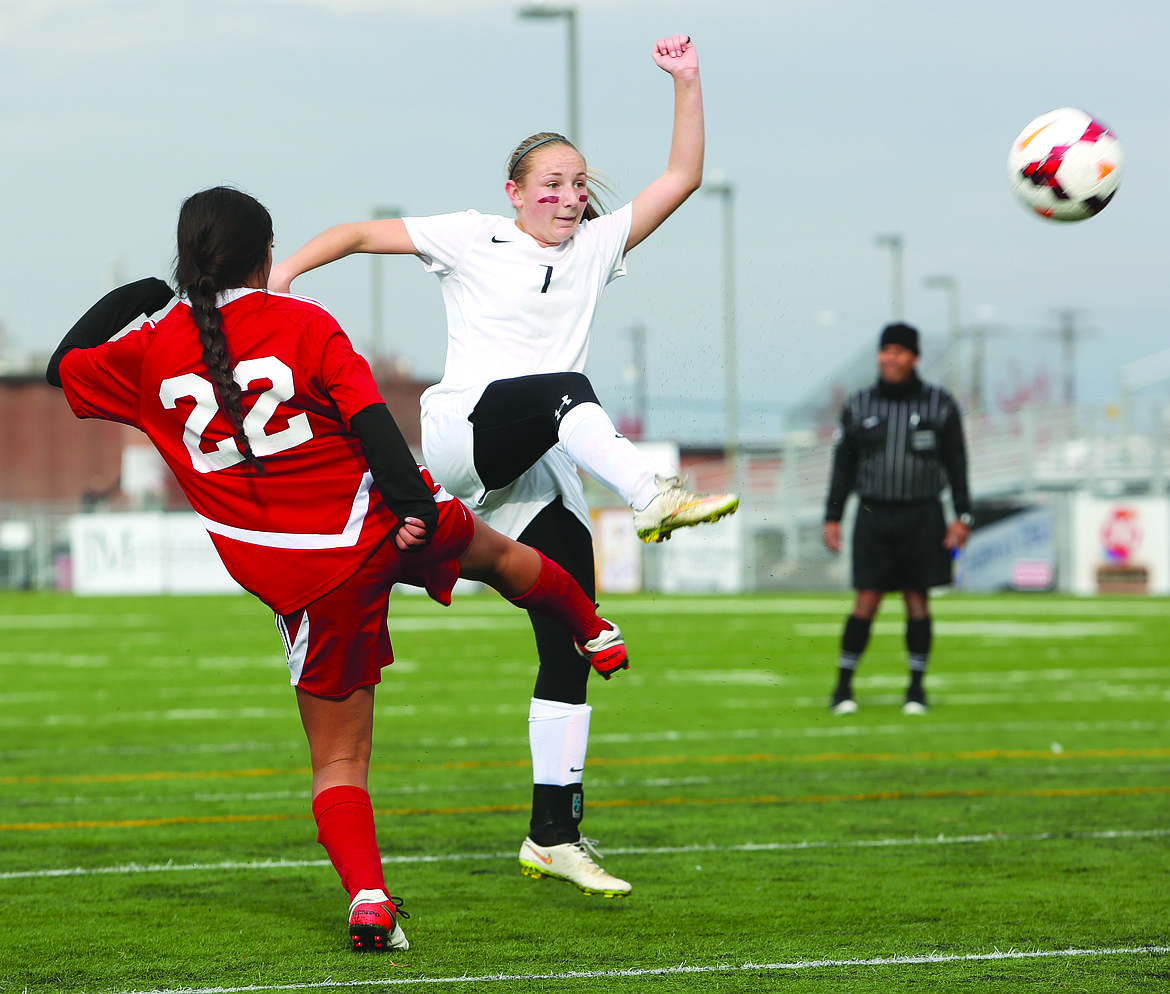 Connor Vanderweyst/Columbia Basin Herald
Moses Lake defender Denali Knowles takes a shot past Sunnyside&#146;s Destiny Salinas in the second half.