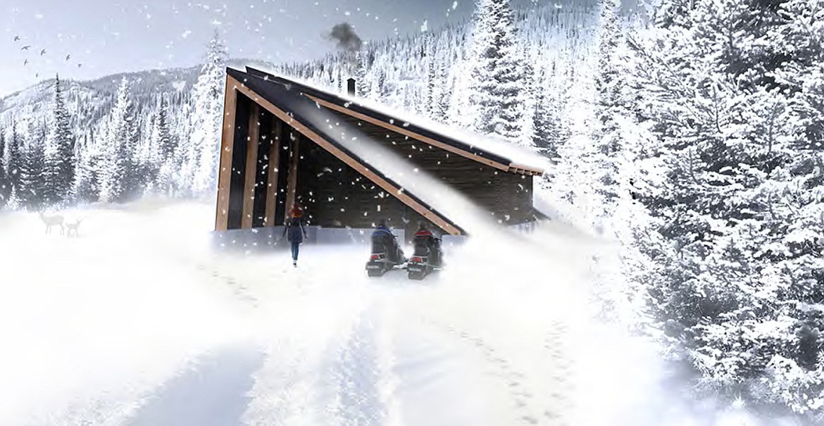 &#151;Photo courtesy of RANDY TEAL
University of Idaho College of Art and Architecture students helped design a warming hut for snowmobilers north of Sandpoint in the Moose Creek area. Above, an architectural rendition of the structure.