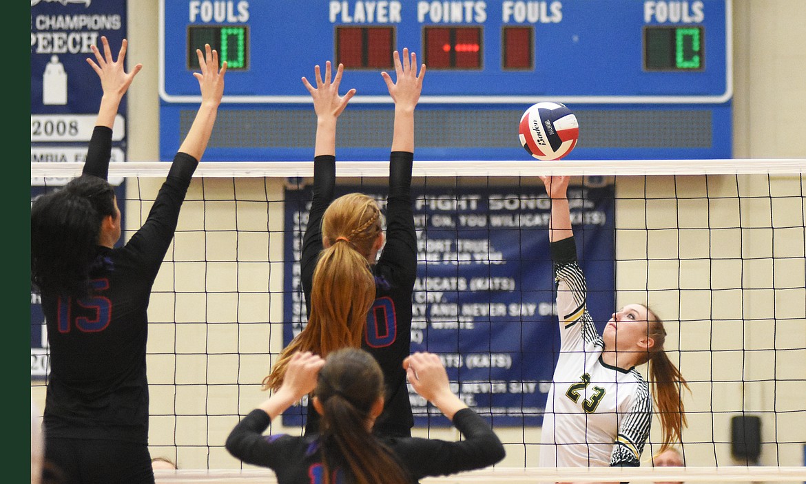 Daniel McKay photos / Whitefish Pilot
Anissa Brown goes for a kill against Columbia Falls during the Western A divisional title match Saturday at Columbia Falls High School.