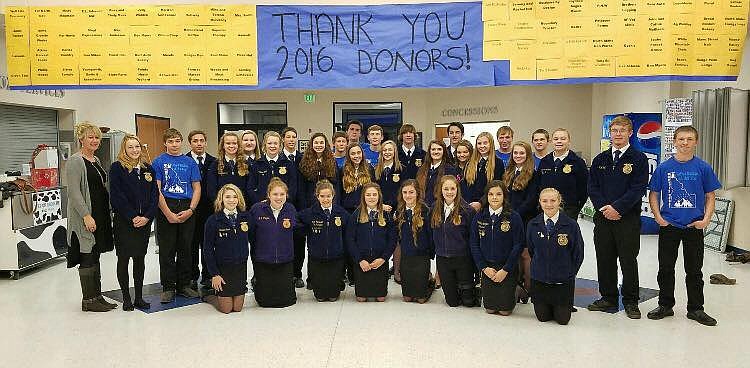 &#151;Courtesy photo
The Bonners Ferry FFA Chapter is proud to announce that they raised about $12,000 at their 68th annual Harvest Sale on Nov. 11. The chapter members would like thank the community for their support. The funds will go towards traveling expenses, hotel costs, conference fees, competition registration, and local FFA chapter projects that they are working on at the high school. Back row, from left, Julie Smith, Brianna Clizer, Austen Jones, Jesse Sandalin, Katelyn Hutchenson, Emily Ansley, Tori Smith, Chris Durette, Sydney Nelson, Ty Batemen, Dina Cook, Kendall Stone, Jake Jelinek, Gracie Velleli, Matt Morgan, Jayden Attaway, Seamus Newcomb, Amanda Maggi, Jerzie Pluid, Drew Foster, Bailey Myers, Cody Kersteins, Crysta McLiesh, TJ Smith, Chad Moss. Front row, from left, Shawna Siver, Jordan Young, Mary Fioravanti, Sydney Watt, Falisha Elliston, McKenzie Jackson, Brittany Spangler, Gracie Jones