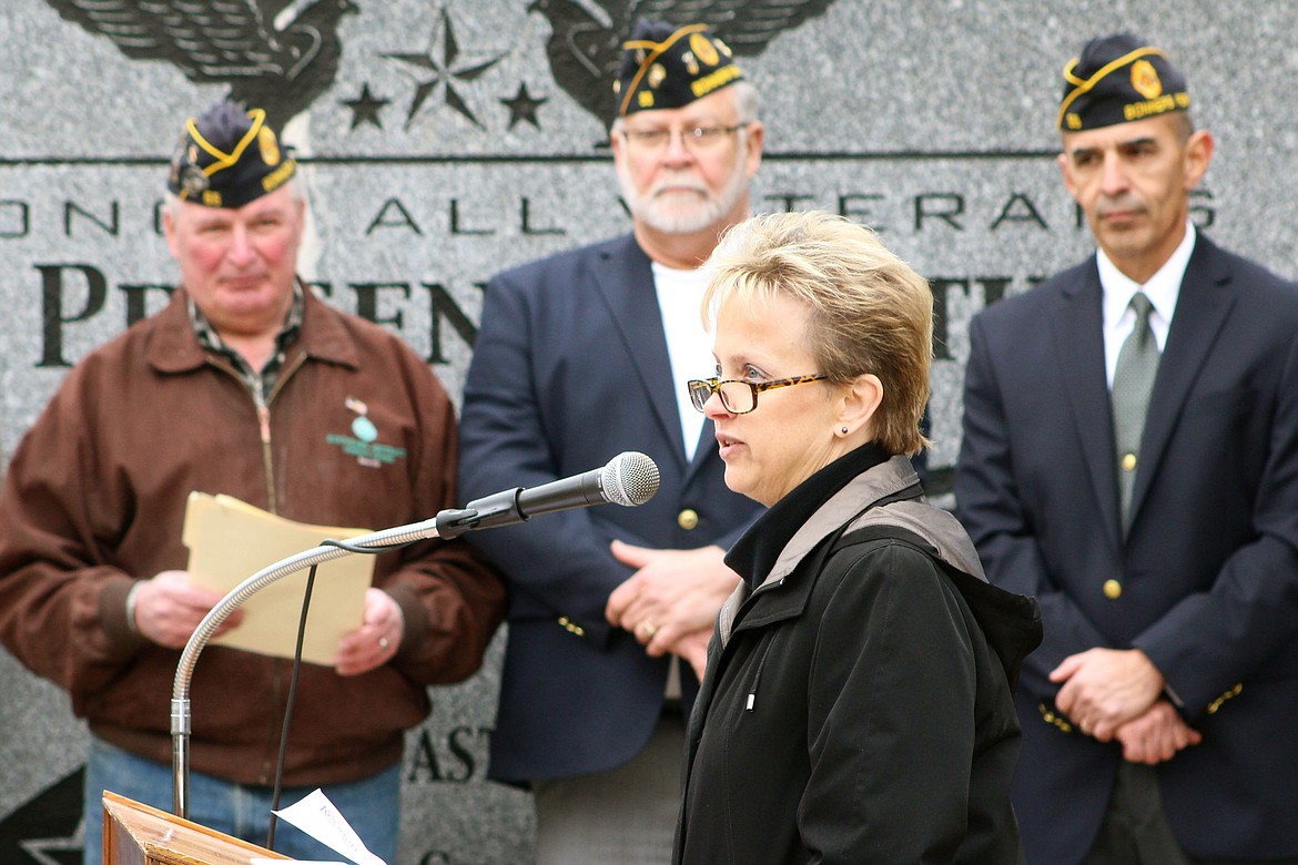 Photo by STAR SILVA
Guest speaker District 1 Sen. Shawn Keough speaks in Bonners Ferry at Veterans Memorial Park on Veterans Day.