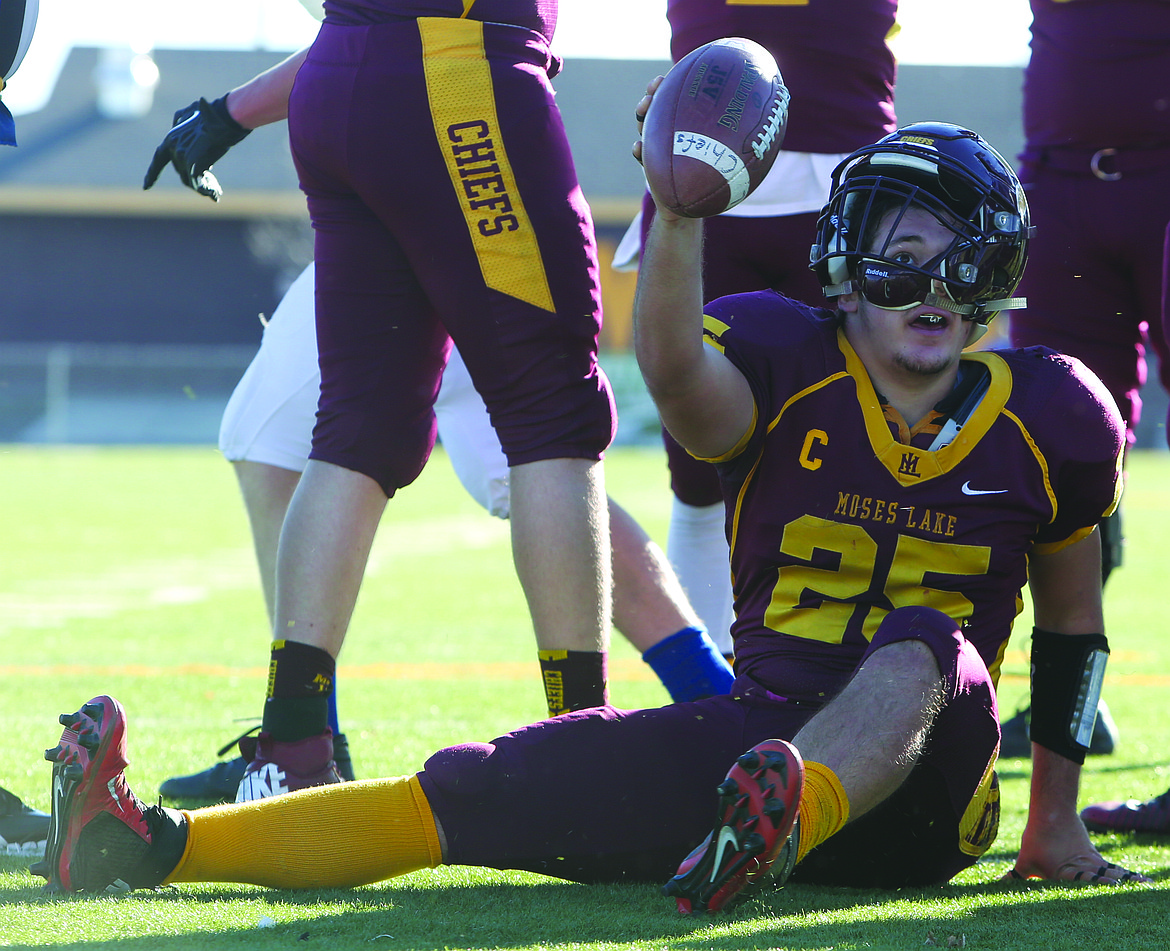 Connor Vanderweyst/Columbia Basin Herald
Moses Lake running back Draven Nevarez thought he had a touchdown, but was stopped short of the goal line.