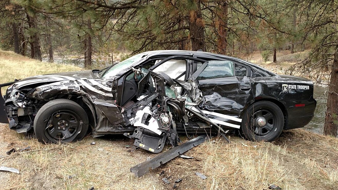 Courtesy photo
The vehicle Idaho State Police Trooper Brandalyn Crapo was driving at the head of the motorcade leading the Capitol Christmas tree through Idaho was heavily damaged and Crapo was injured Nov. 6 when a pickup truck crashed into the trooper&#146;s vehicle.