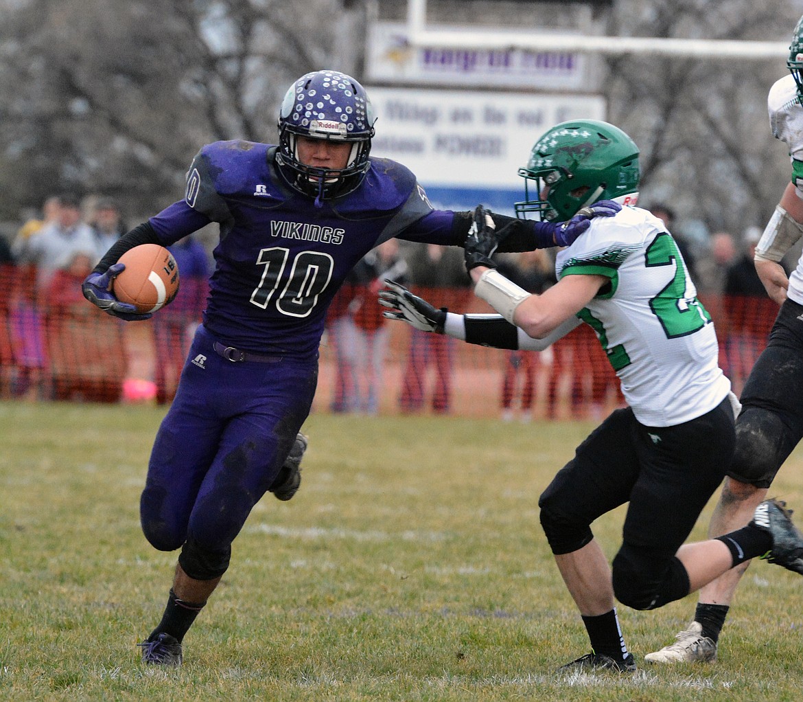 CHARLO VIKINGS WR Trent Dennison gets a key reception on a late fourth quarter drive that resulted in Charlo tying the game at 24 in the Class-C 8-man championship Saturday afternoon at Charlo High School.