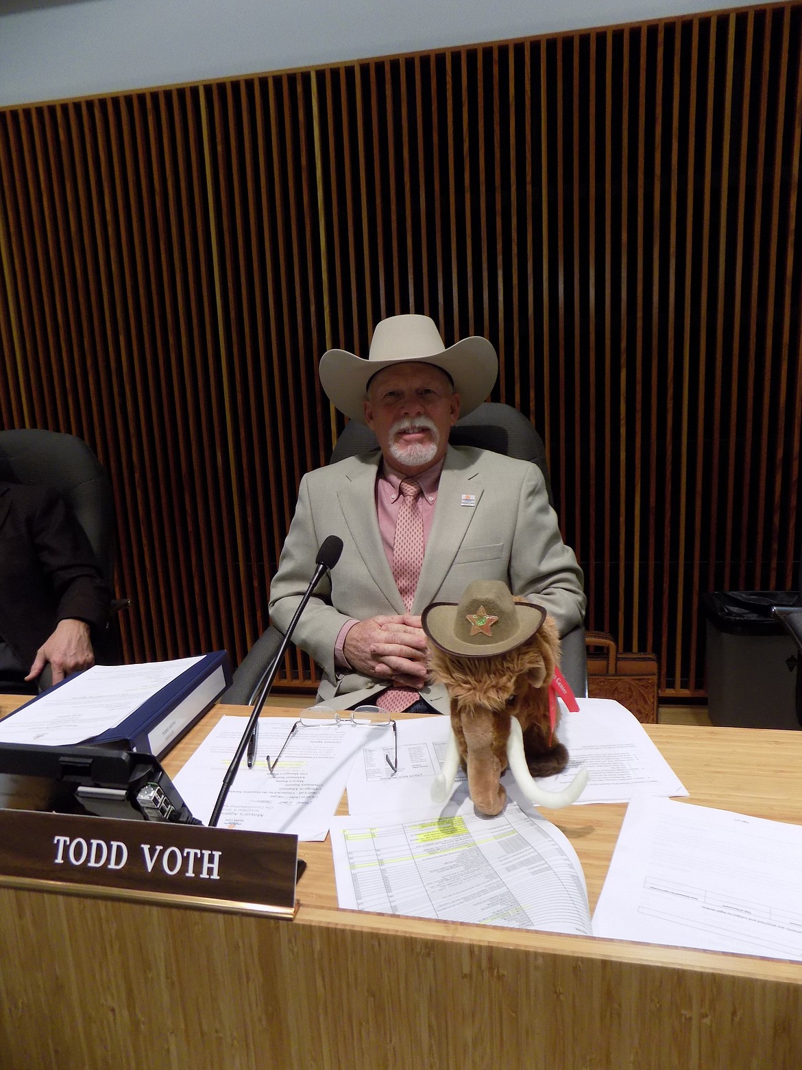 Courtesy photo
The mammoths on the loose visited the Moses Lake City Council, complete with cowboy hat.