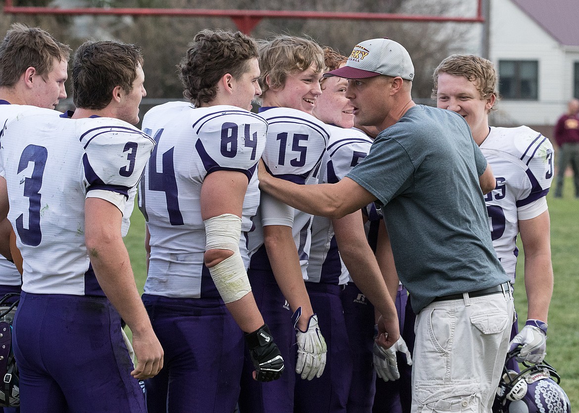 Photo courtesy of Kylie Richter
Belt&#146;s head coach, Jeff Graham, congratulates the Vikings after his Huskies were defeated. Graham, who is also the girls&#146; basketball coach, wished the team luck in the state championship game, which will take place in Charlo this coming Saturday.