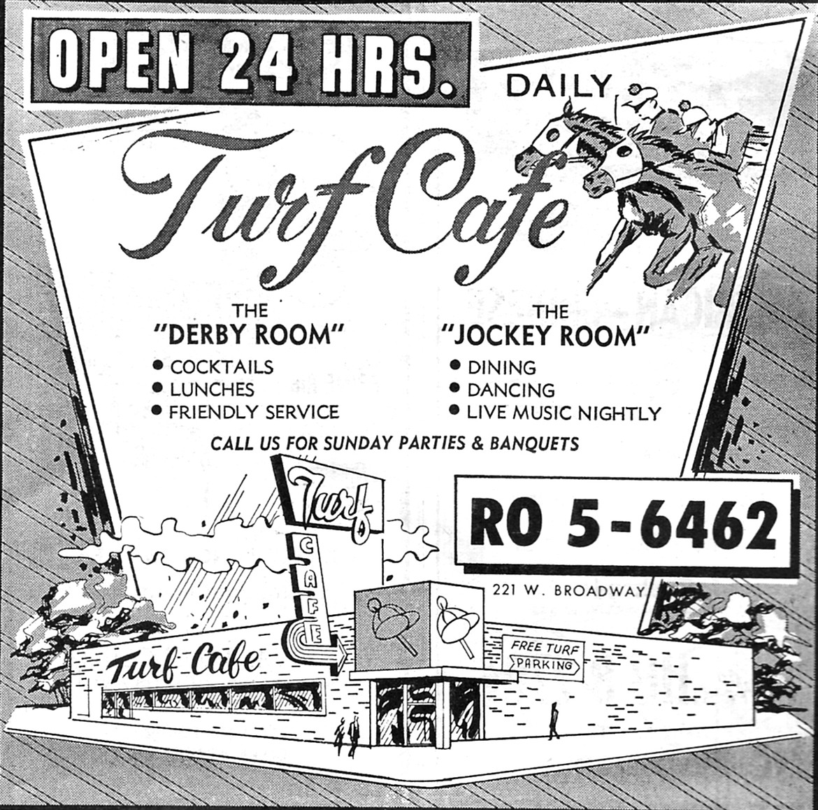 Dennis L. Clay photo
The telephone book ad for The Turf in 1966 didn&#146;t sell ammunition, but had both a Derby Room and a Jockey Room, plus the name was simply Turf Caf&eacute; and not The Turf Caf&eacute;.