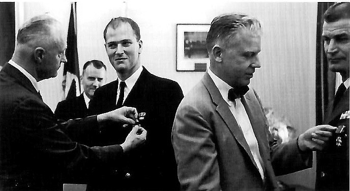 &#151;Courtesy photo
LeSchack, left, and Jim Smith, right, receive the Presidential Legion of Merit on Nov. 1, 1962, from the secretaries of the Navy and Air Force, respectively, for their roles in Project COLDFEET.