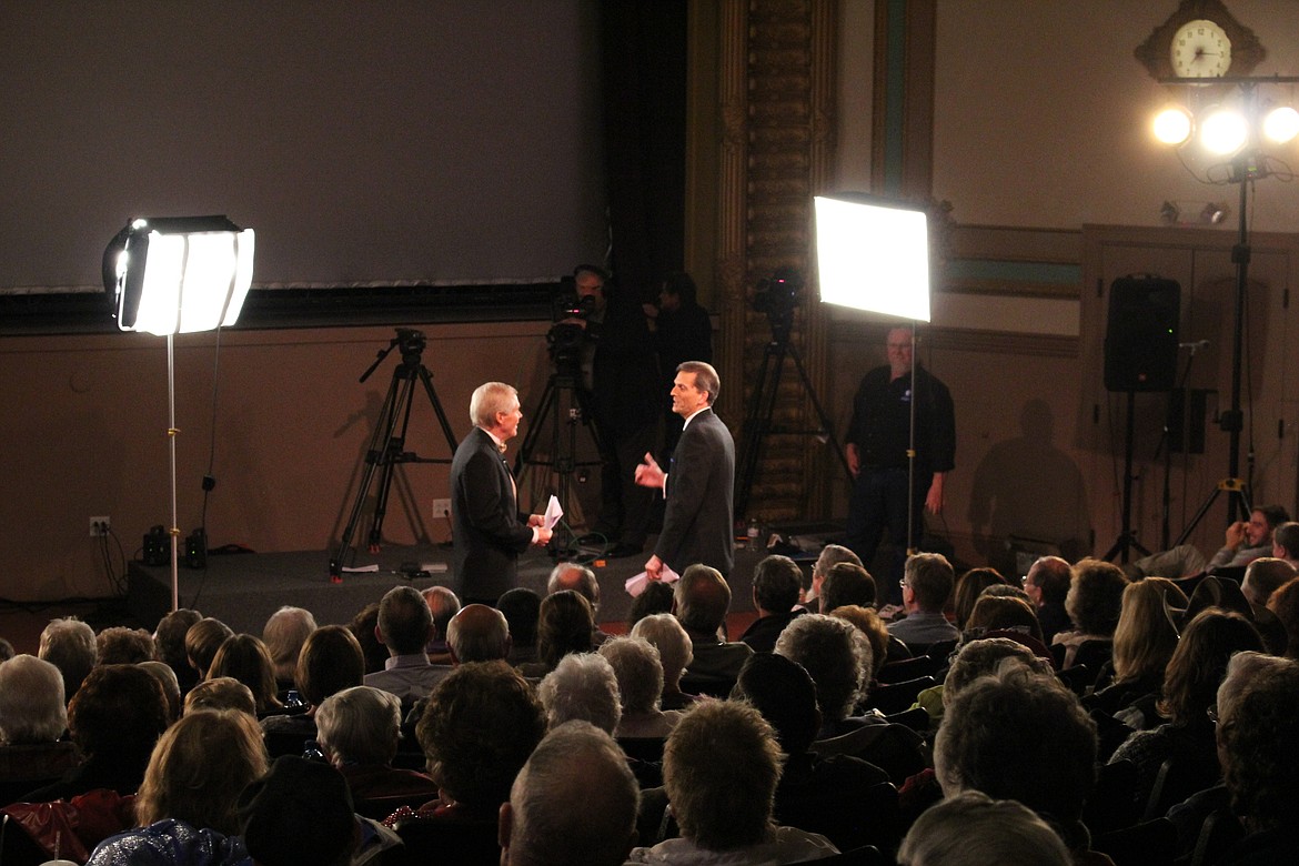 William Marcus and John Twiggs hosted the &#147;Backroads of Montana&#148; 25th Anniversary Special at the Rialto Theatre in Deer Lodge. (Photo by Kathleen Woodford/Mineral Independent)