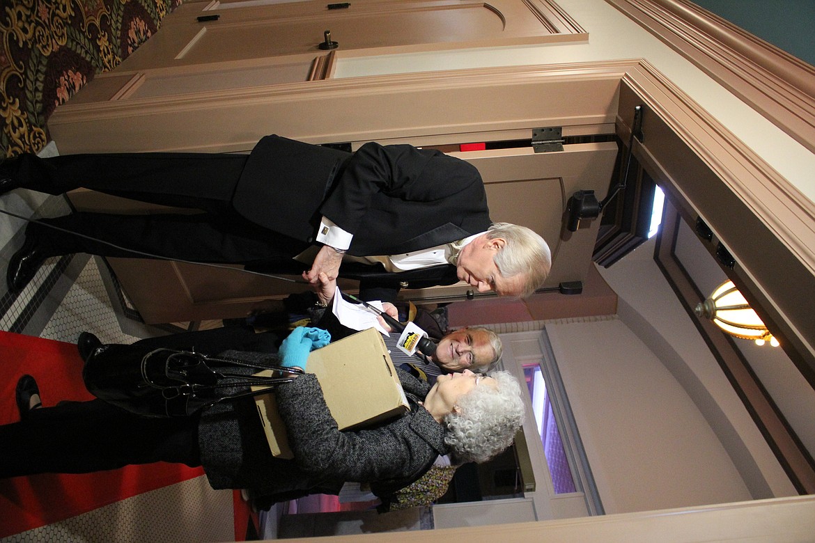 Alberton resident, Rae Deschamps was interview by William Marcus during the &#147;Backroads of Montana&#148; 25th Anniversary event held on Nov. 17 at the Rialto Theatre in Deer Lodge. (Photo by Kathleen Woodford/Mineral Independent)