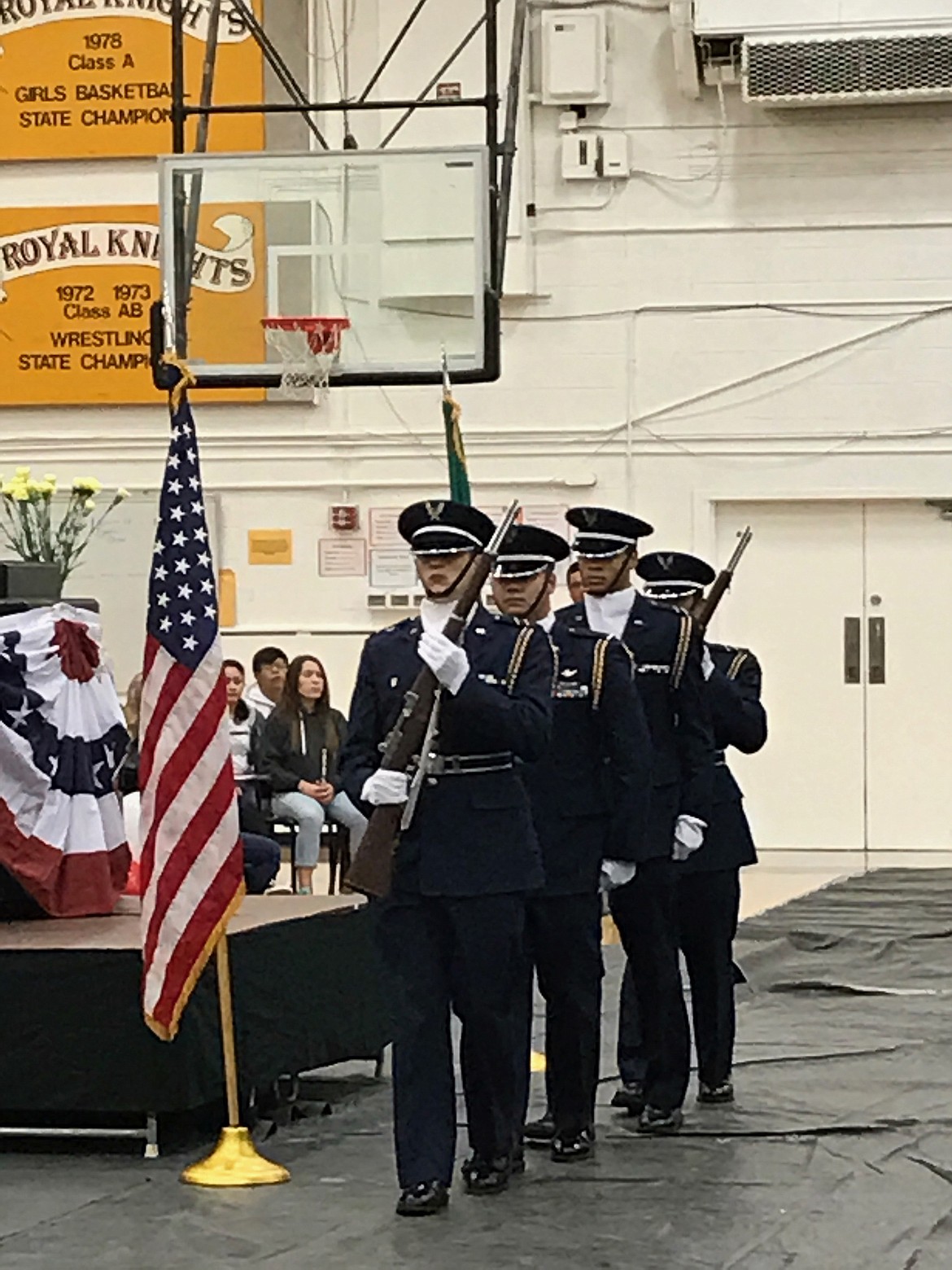 Ted Escobar/The Sun Tribune - The Central Washington University ROTC, which includes Royal High graduate Reed Lefler, presents the colors.