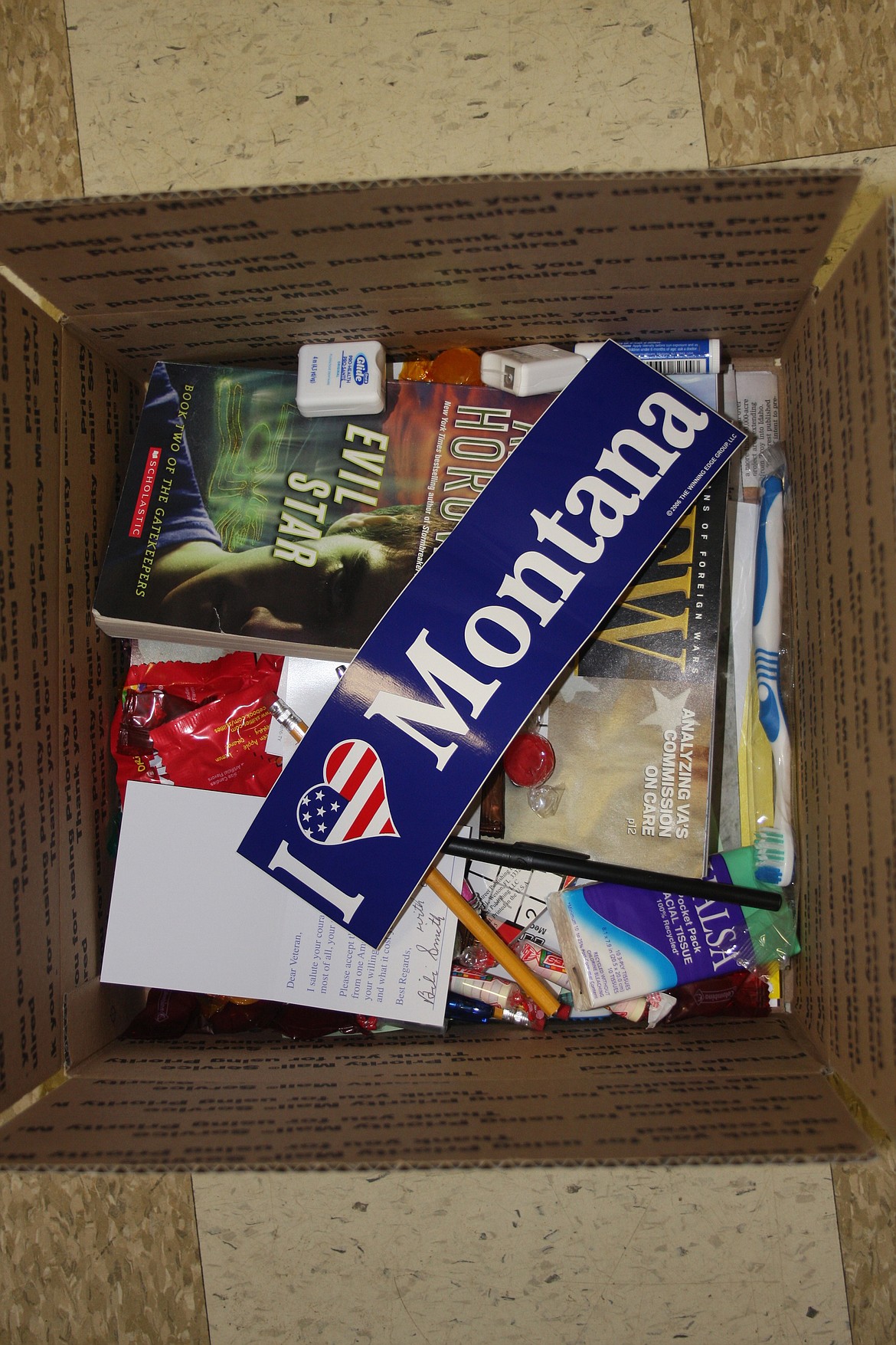 BOXES ARE filled with items donated by the community and businesses in Plains and Thompson Falls.&#160; The kids from the schools write letters to be included as well.