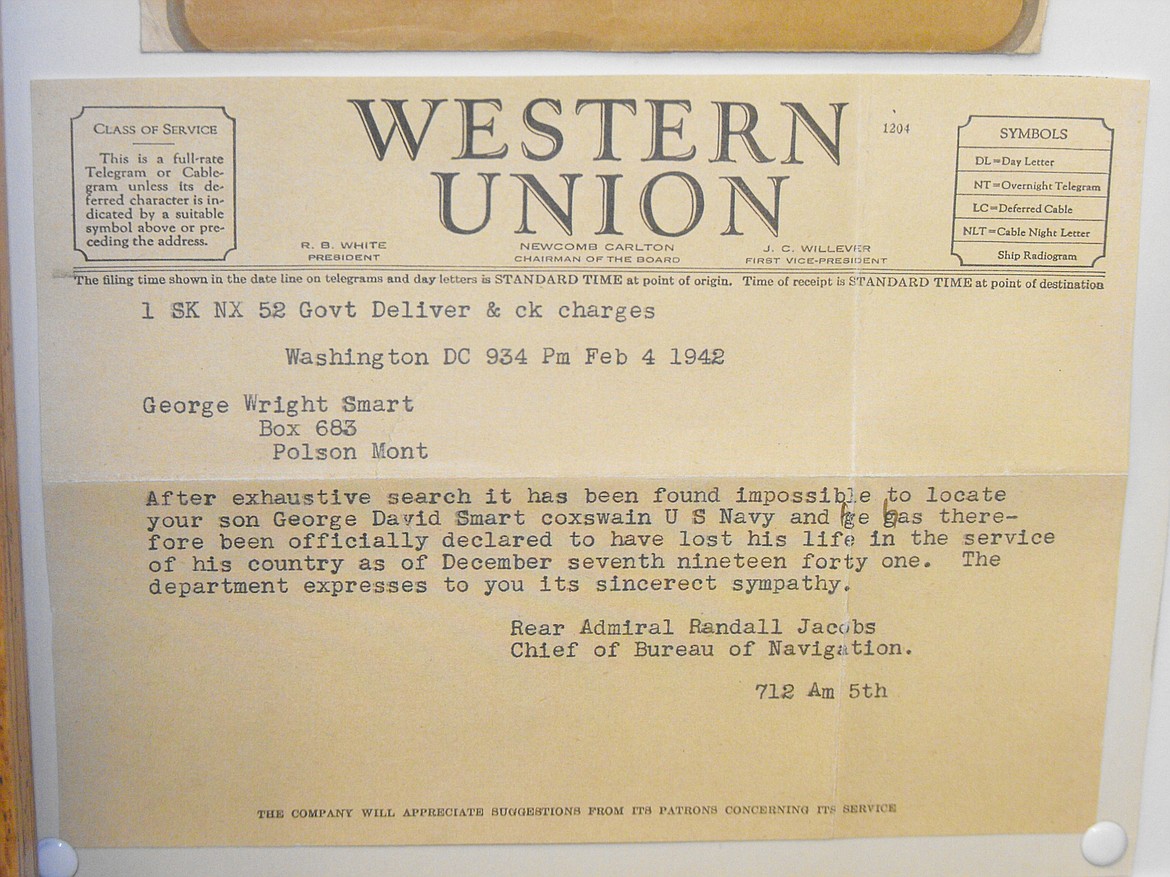 This telegram informed the family of George David Smart that he lost his life in the attack on Pearl Harbor.